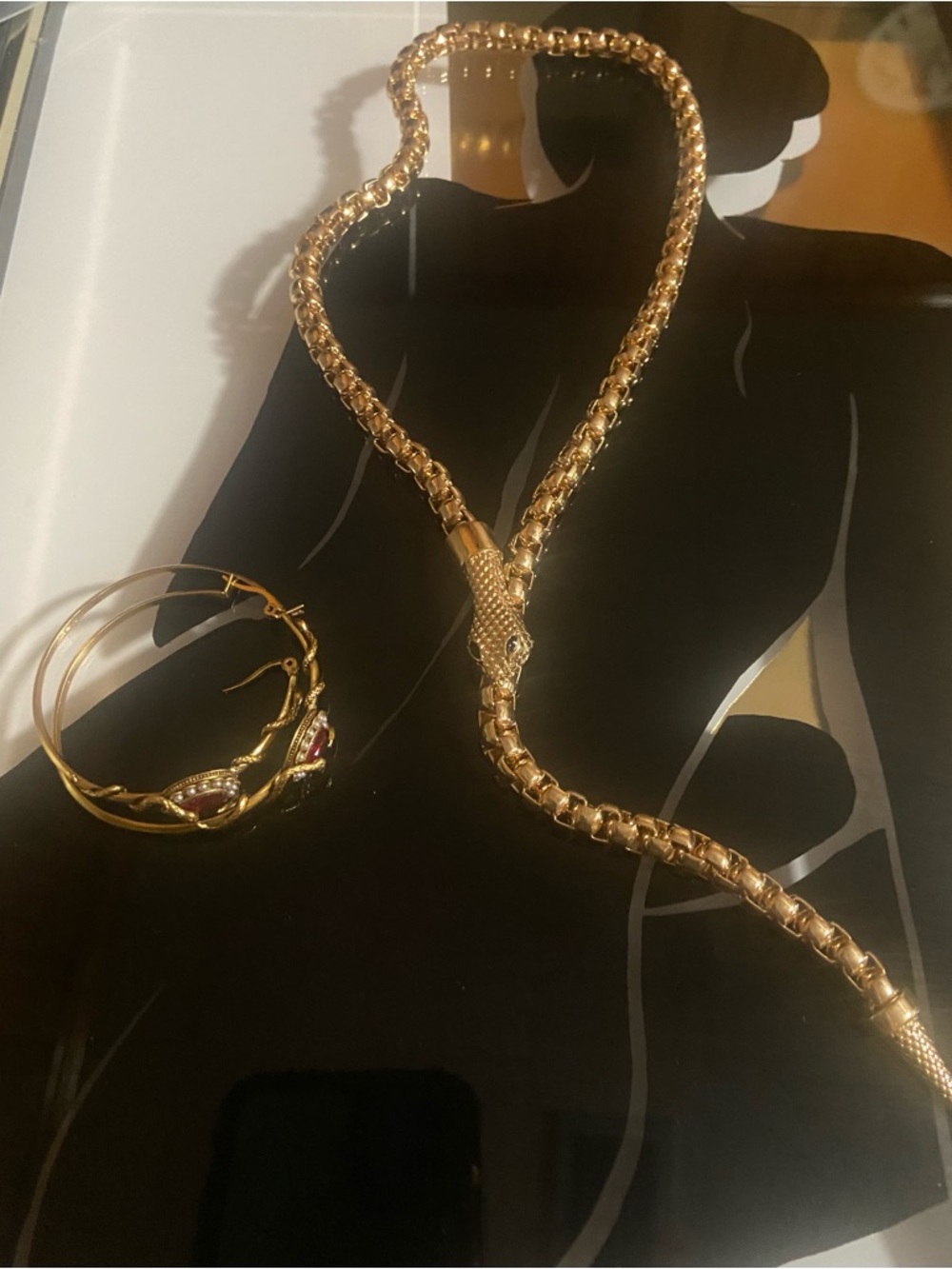 Gold Snake Chain Necklace with Matching Hoop Earrings - Women Jewelry